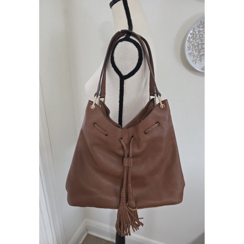 Cute VINCE CAMUTO Camel Brown w/Tassels Soft LEATHER Hobo ShoulderBag EuC